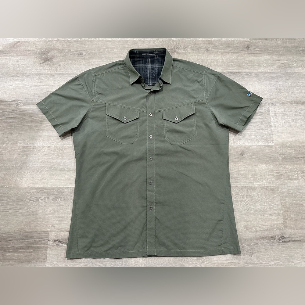 A42 Kuhl Born In The Mountains Button Up Green Shirt Short Sleeve Mens M Medium